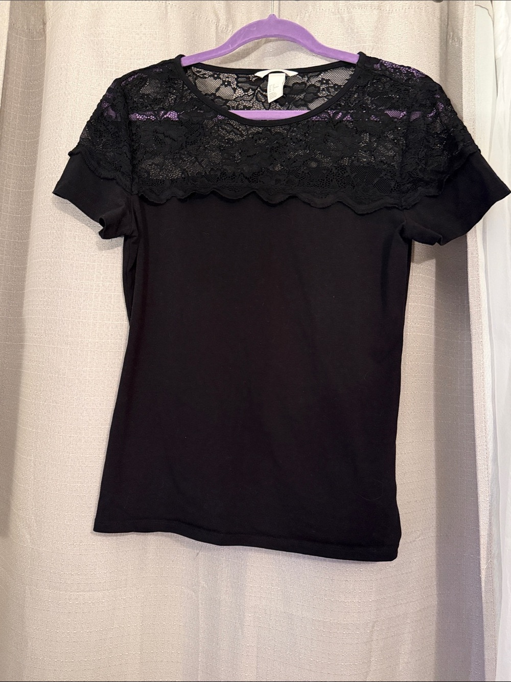 H&M Black Short Sleeve Top with Lace Yoke